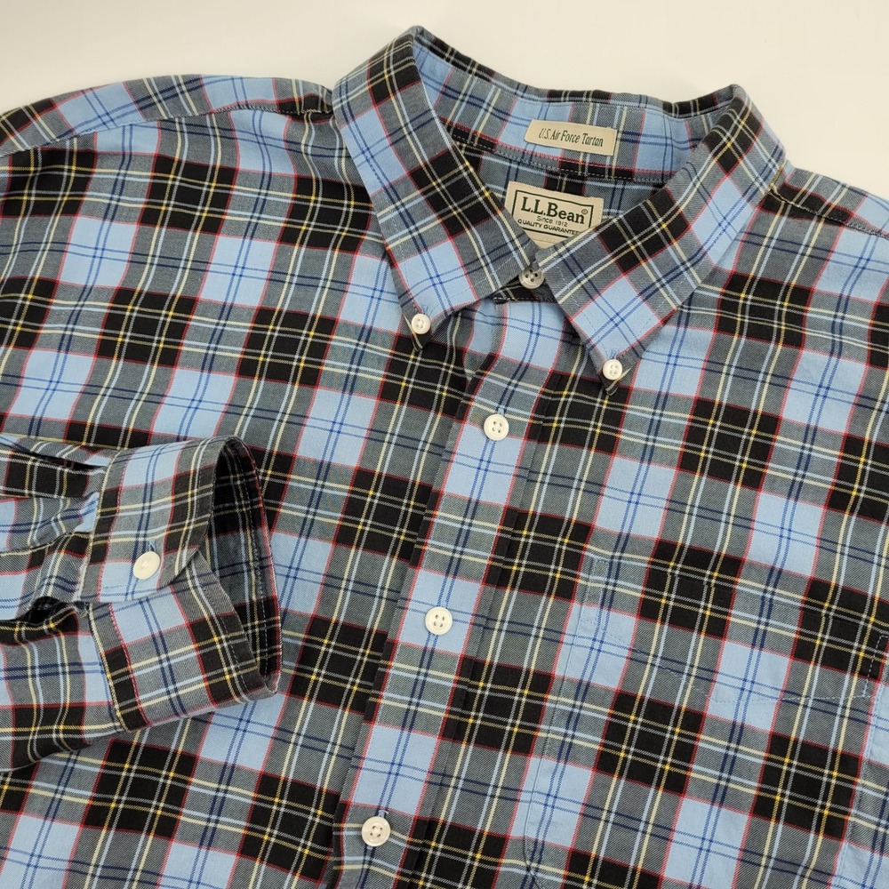 LL Bean Mens XXL US Air Force Tartan Plaid Button Down Shirt Blue Cotton Classic